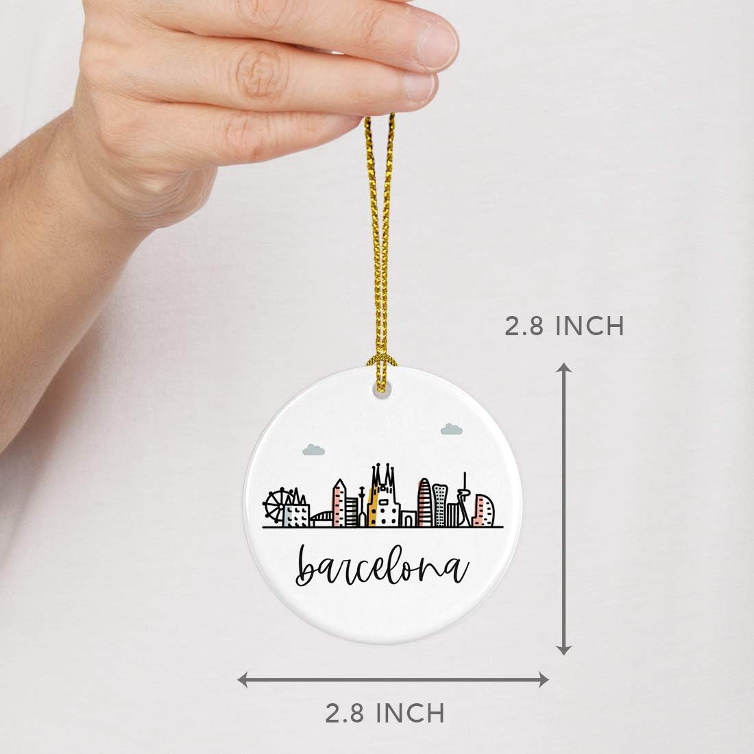 Andaz Press Round Ceramic Porcelain Christmas Tree Ornament Keepsake Gift, Barcelona, Colorful International City Skyline Graphic 1-Pack Birthday Family Coworker, Gift Box Barcelona Christmas Ornament