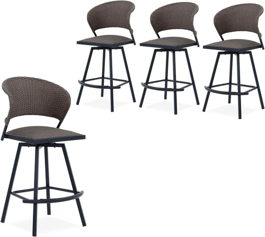VICLLAX Patio Bar Stool Chairs with Footrests and Padded Seat, Bar Height Swivel Patio Chairs Set of 4, Brown Woven Wicker Swivel Bar Stools for Lawn Garden
