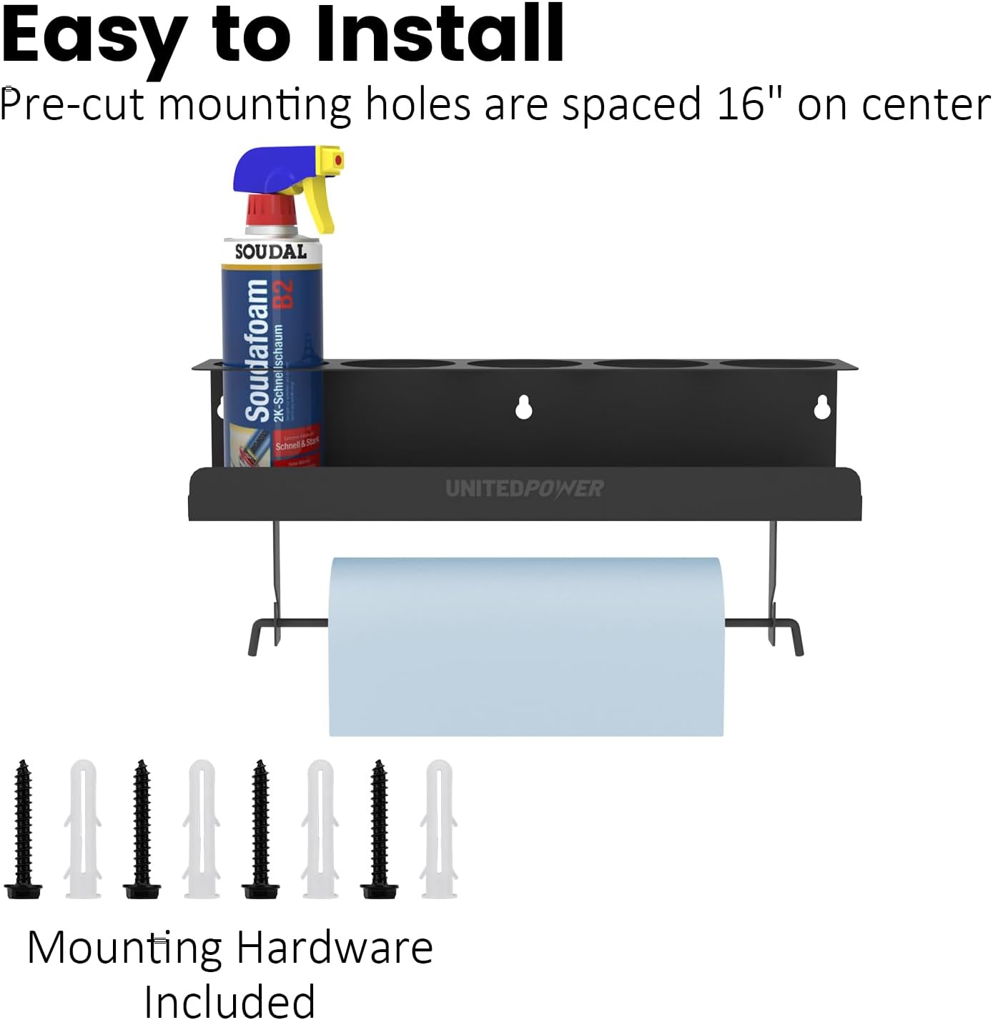 UNITEDPOWER 5 Aerosol Spray Can/Paper Towel Holder, Paint Bottle Storage Rack, Steel Wall Mount Shelf, Tool Organizer for Garage, Craft Workspace and Home