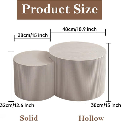 Round Nesting Coffee Table White Round Fluted Coffee Table Set of 2 for Living Room Small Circle Drum Coffee Tables Crescent End Table (White A 18in)