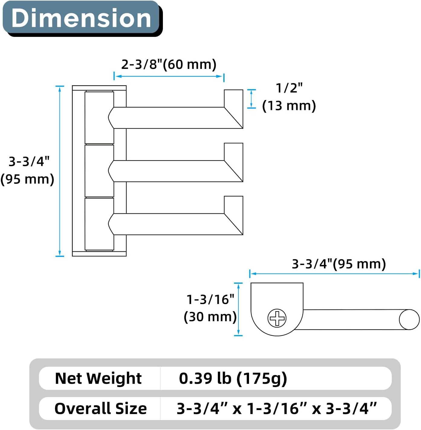 Angle Simple 3 Arms Towel Hook Brushed Gold, 304 Stainless Steel Swivel Triple Towel Holder, Folding Bathroom Hook, Wall Mount