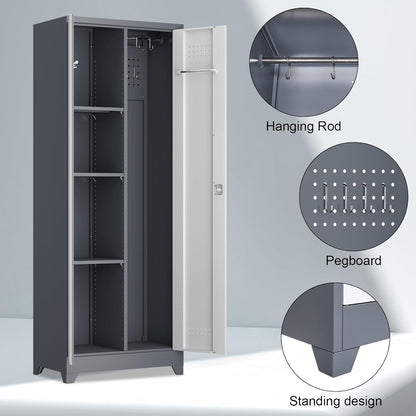 Broom Closet, Metal Storage Cabinet with Hanging Rod, 65" Broom Tool Organizer, Metal Cabinet with Doors and Shelves, Tall Cleaning Storage for Home, Office, Garage, Balcony