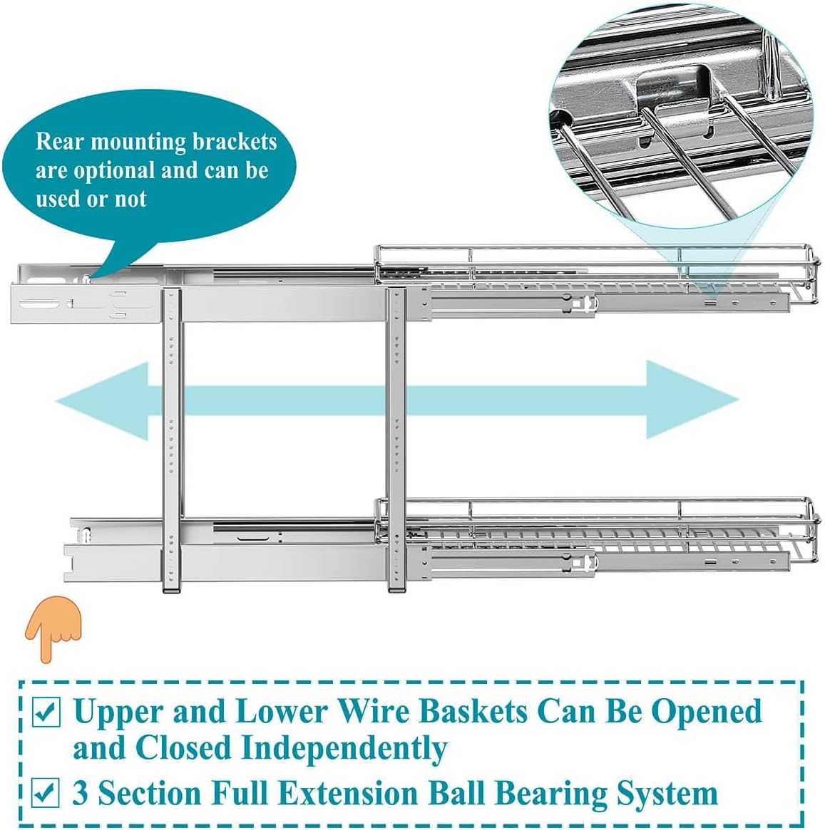OCG 2 Tier Pull Out Cabinet Organizer (7.5" W x 21.5" D), Pull Out Drawers for Kitchen Cabinets, Pull Out Shelves for Base Cabinet Organization in Kitchen Bathroom Pantry, Chrome Finish