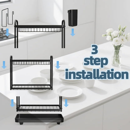 Dish Drying Rack, Stainless Steel Dish Rack, 2-Tier Kitchen Organizers for Dishes, Knives, Cups, Cutting Boards, Detachable Large Capacity Dish Drainer Organizer & Space-Saving Utensil Holder