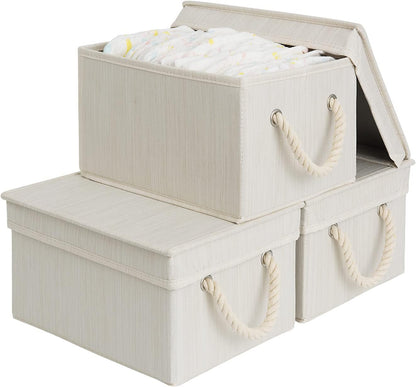 StorageWorks Storage Bins with Lids, Decorative Storage Boxes with Lid and Soft Rope Handles, Foldable Storage Baskets for Closet, Shelves, Stackable, Ivory and White, Medium, 3-Pack