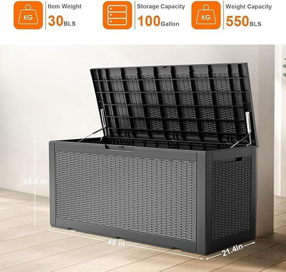 100 Gallon Outdoor Storage Box – Waterproof Deck Box for Garden, Patio & Backyard,Black