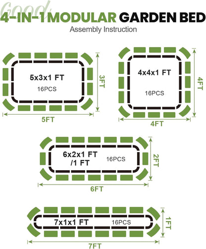 G GOOD GAIN 4-in-1 Adjustable Raised Garden Bed Kit | Galvanized Planter Boxes for Vegetables, Flowers | 12" Tall, Multiple Sizes (5x3x1ft, 4x4x1ft, 6x2x1ft, 7x1x1ft) | Outdoor Metal Raised Bed, Green