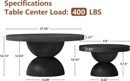 Solid Wood Round Nesting Coffee Table Set of 2, Circle Accent Tables with Unique Semi-Circular Legs, Mid Century Modern Side End Table Set for Small Space Living Room Office (Black)