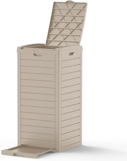 31 Gallon Outdoor Trash Can, Waterproof Resin Trash Can with Layered Lid and Drip Tray, Perfect for Patio, Backyard (Grey)