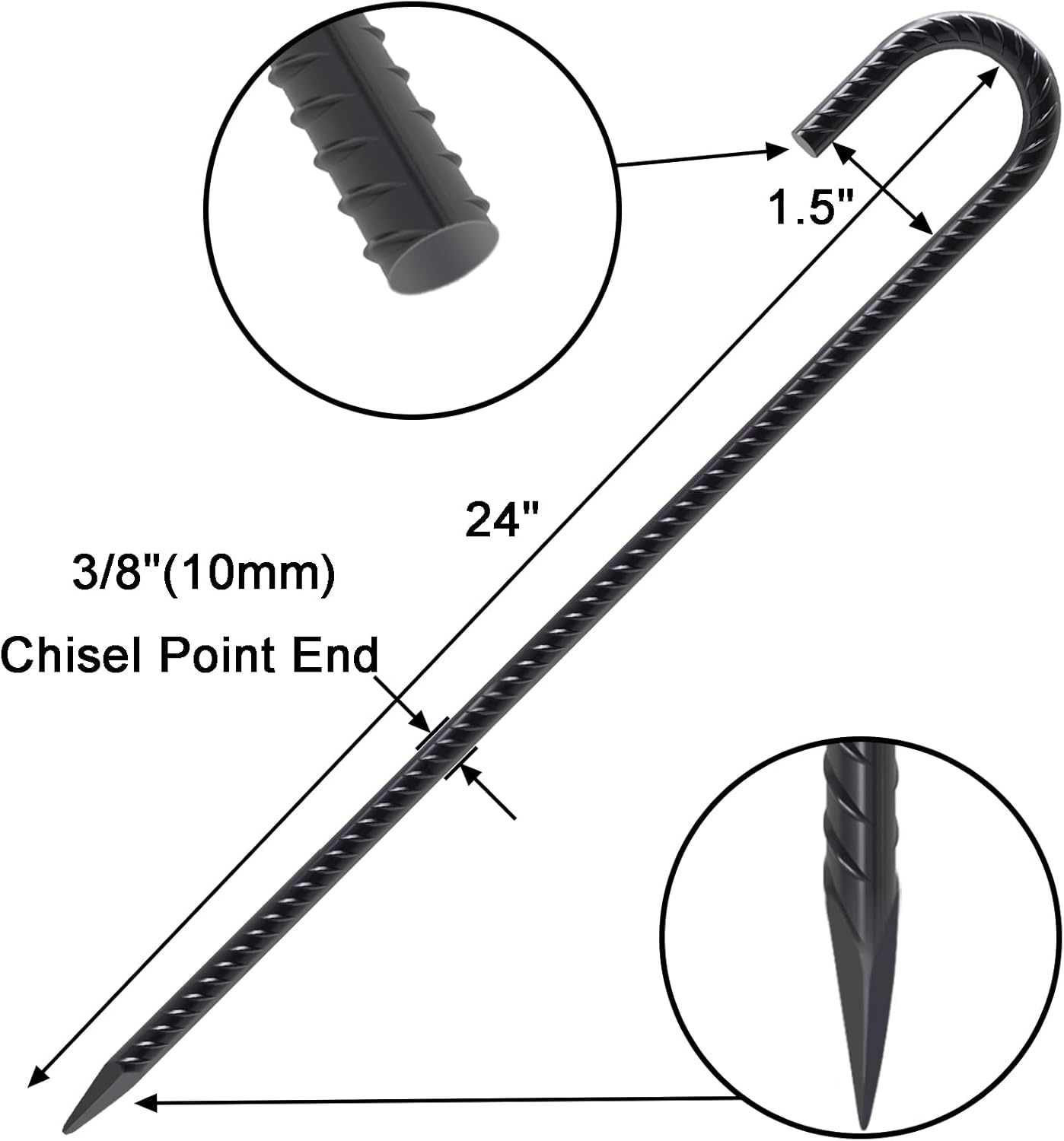 VVOKGO Rebar Stakes 24 Inch J Hook Heavy Duty Ground Anchors (8pcs), 3/8 Inch Diameter Metal Steel Extra Long Fence Stakes with Chisel Point End for Greenhouse, Gazebo, Carport, Camping Tents, Black