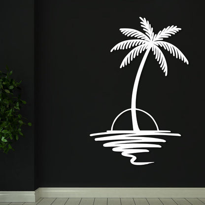 Metal Palm Tree with Sunset Wall Art, Large Outdoor Wall Decor, Tropical Beach Coastal Decor for Living Room, Bedroom, Garden Home Wall Sign, Perfect Metal Wall Art for Beach House, Coastal Theme, and Home Decoration (White, 40 x 33 inches)