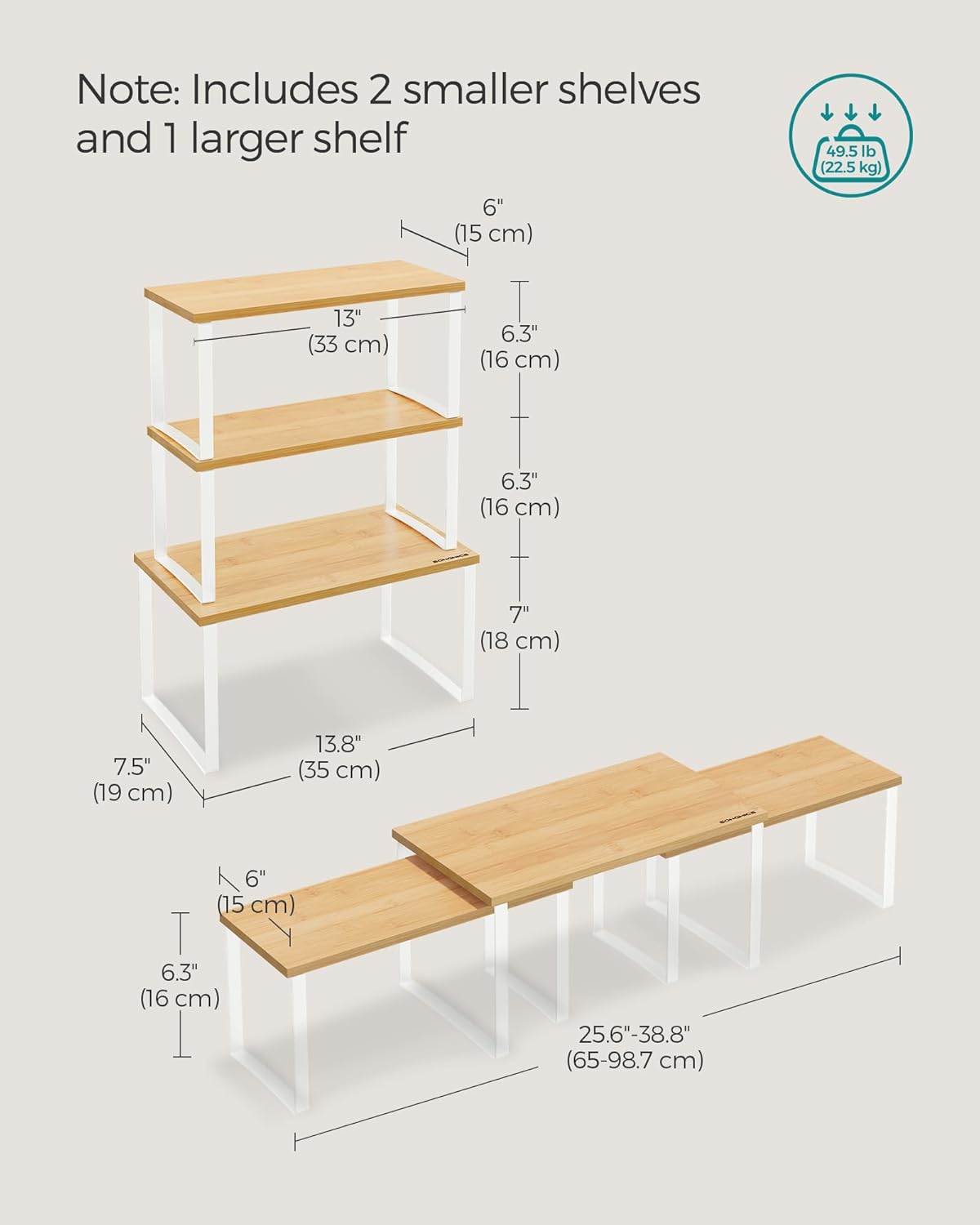 SONGMICS Cabinet Organizer Shelf, Set of 3 Kitchen Counter Shelves, Kitchen Storage, Spice Rack, Stackable, Expandable, Cloud White and Natural Beige UKCS014W01
