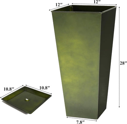 WORTH Garden 28" Large Metal Glazed Planter Set of 2, Luxurious Glossy Finish Green Tall Square Tapered Steel Plant Pots, Decor Flower Pot Indoor & Outdoor, Drainage Hole & Dual-Purpose Plant Saucer