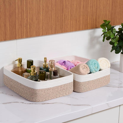 Large Shallow Organizing Baskets 15x11x5.1 Inches - Rope Woven Storage Bins for Bathroom, Shelves, Cube Closet, White Mixed Brown 2 Packs