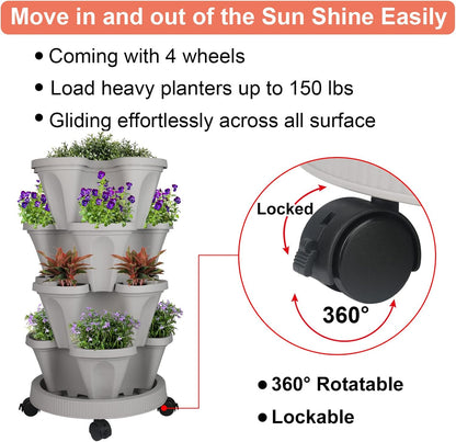 Vertical Planter 4 Tier Stackable Planters Garden Planters Strawberry Herb Flower and Vegetable Planter Indoor Outdoor Gardening Pots with Removable Wheels and Tools 2-Pack
