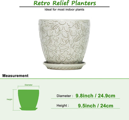 10inch Retro Ceramic Planter with Drainage Hole and Saucer for Multiple Plants, Indoor-Outdoor Garden Pots for Succulent, Orchid, and Flower (Fits Inner Pots Up to 9 Inch, Retro White)