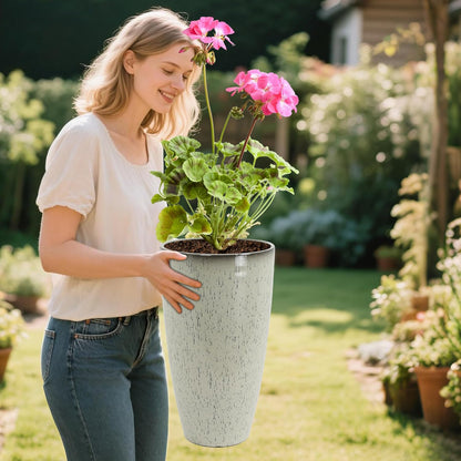 24/21/12 Inch Large Plastic Planter, Lightweight Ceramic-Look Large Flower Pots with Drain Hole & Saucers, Plastic Outdoor Planters for Garden, Patio, Balcony(Glaze White)