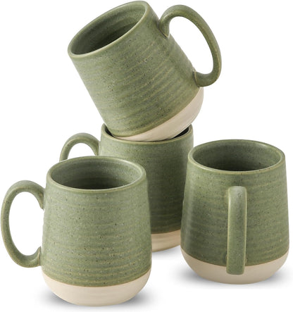 Large Ceramic Coffee Mugs Set - 15 OZ Porcelain Coffee Latte Cups Set of 4 with Handle Perfect for Cappuccino, Tea, Mocha, Hot or Cold Drinks, Unique Glaze Design for Home, Cafe and Coffee Bar, Green