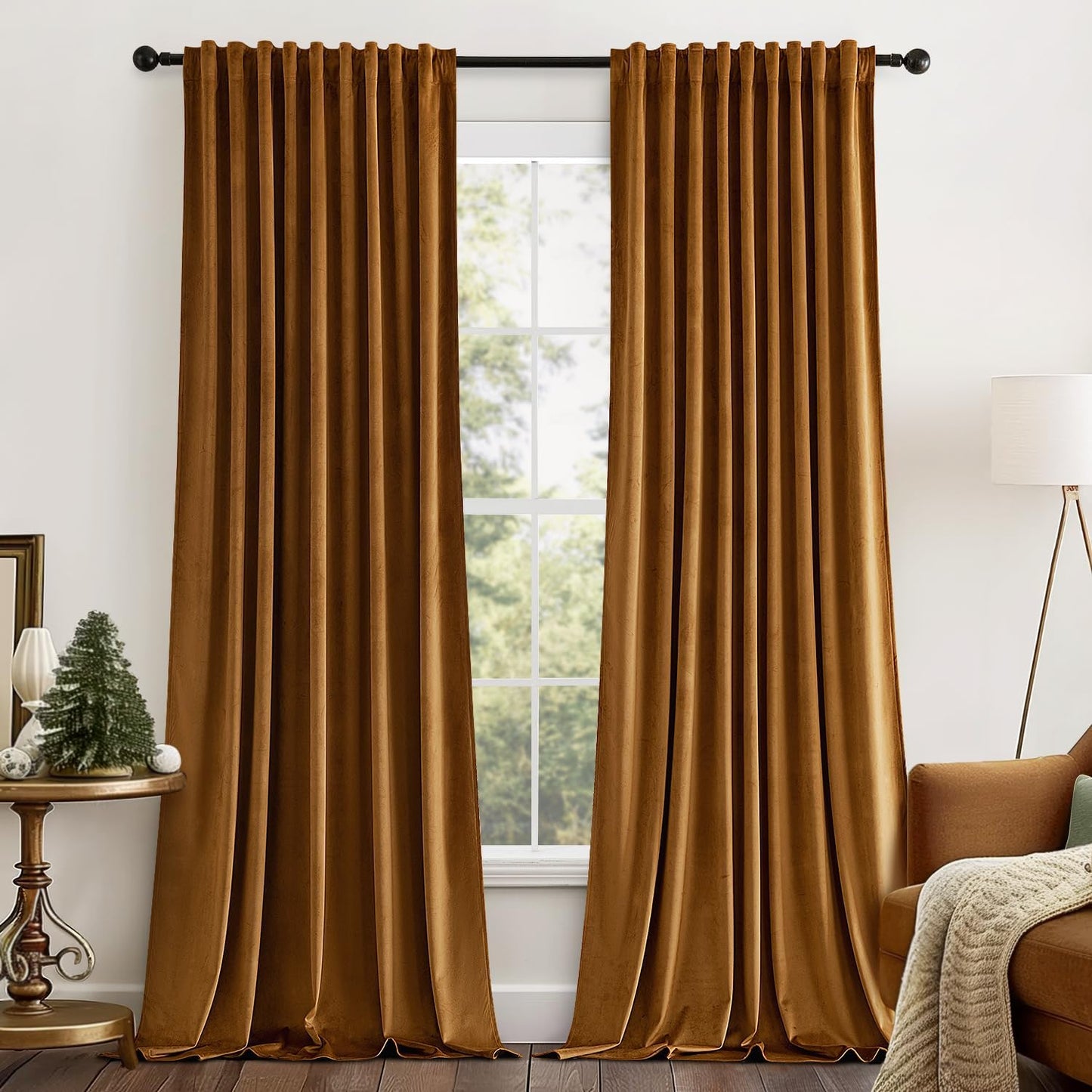 MIULEE Gold Brown Velvet Curtains 90 inches Long 2 Panels - Luxury Pinch Pleated Room Darkening Window Drapes for Bedroom Living Room Thermal Insulated Super Soft Blackout, Back Tab Rod Pocket