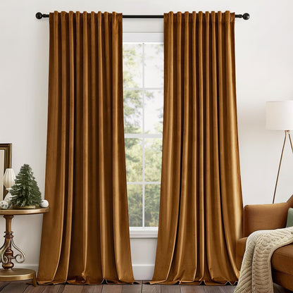 MIULEE Gold Brown Velvet Curtains 90 inches Long 2 Panels - Luxury Pinch Pleated Room Darkening Window Drapes for Bedroom Living Room Thermal Insulated Super Soft Blackout, Back Tab Rod Pocket