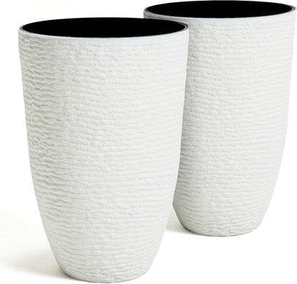 Worth Garden 2-Pack 21" H. White Tall Planters - 14'' Dia Resin Large Round Flower Pots for Outdoor Plants Trees - Imitation Stone Finish Plastic Indoor Front Porch 9 Gallon Decorative Container Patio