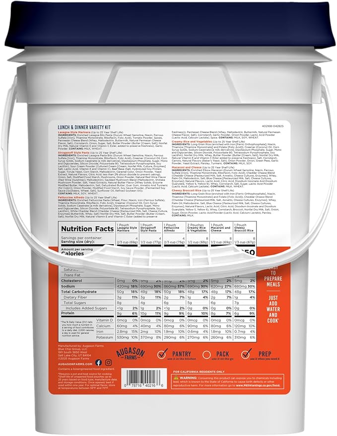 Lunch & Dinner Variety Kit Emergency Food Supply, 113 Servings, 25 Year Shelf Life - Dehydrated Meals, Survival Food Camping Essentials, 4 Gallon Bucket