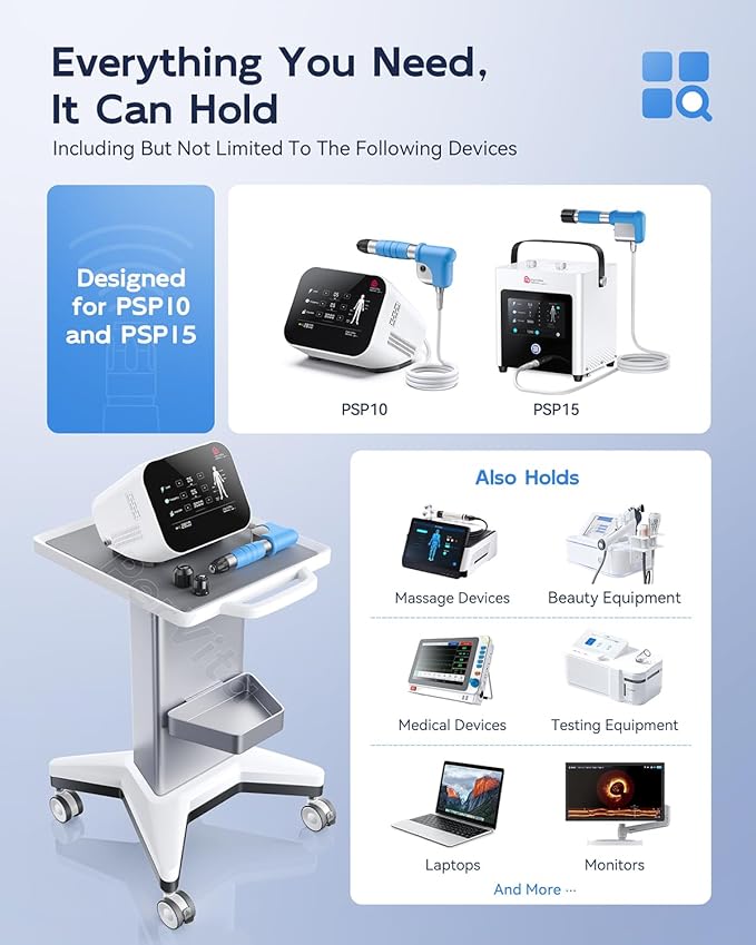 Medical Utility Cart with 4 Swivel Wheels, 100 lbs Capacity for PSP10/PSP15 Shockwave Machines, Beauty, Medical, Office & Home Use Equipment, 15.7x17.3 in Non-Slip Platform & Gel Tray