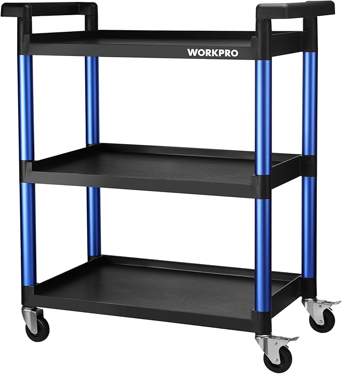 WORKPRO 3-Tier Service Utility Cart, 400LBS Plastic Rolling Cart with Handles & Lockable Wheels, Heavy Duty Storage Cart for Restaurant, Kitchen, Office, Garage, Warehouse