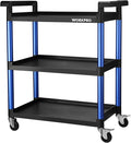 WORKPRO 3-Tier Service Utility Cart, 400LBS Plastic Rolling Cart with Handles & Lockable Wheels, Heavy Duty Storage Cart for Restaurant, Kitchen, Office, Garage, Warehouse