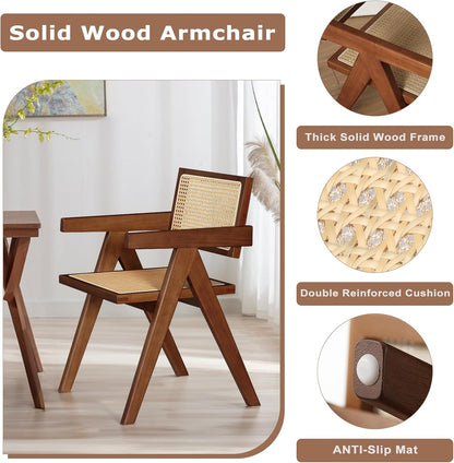 Rattan Walnut Mid Century Modern Dining Chairs Set of 4, Comfy Armchairs with Cane Back, Outdoor Kitchen Chairs for Multiple Rooms