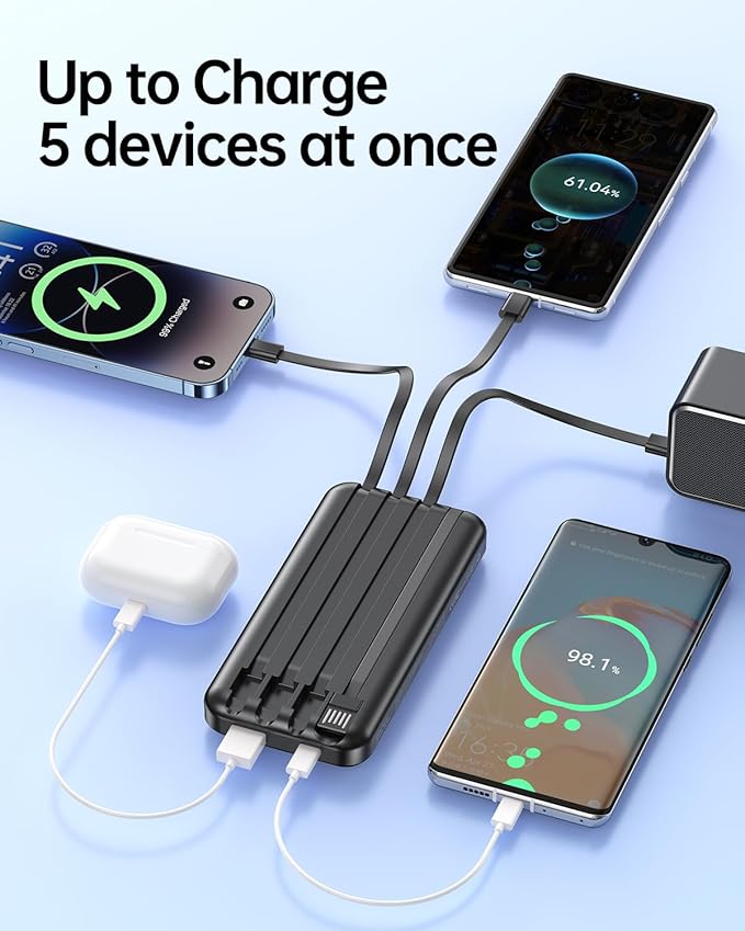 Power Bank Portable Charger with Built in Cable 10000mAh USB C Fast Charging Travel Essential Battery Pack for iPhone iPad Samsung Android etc