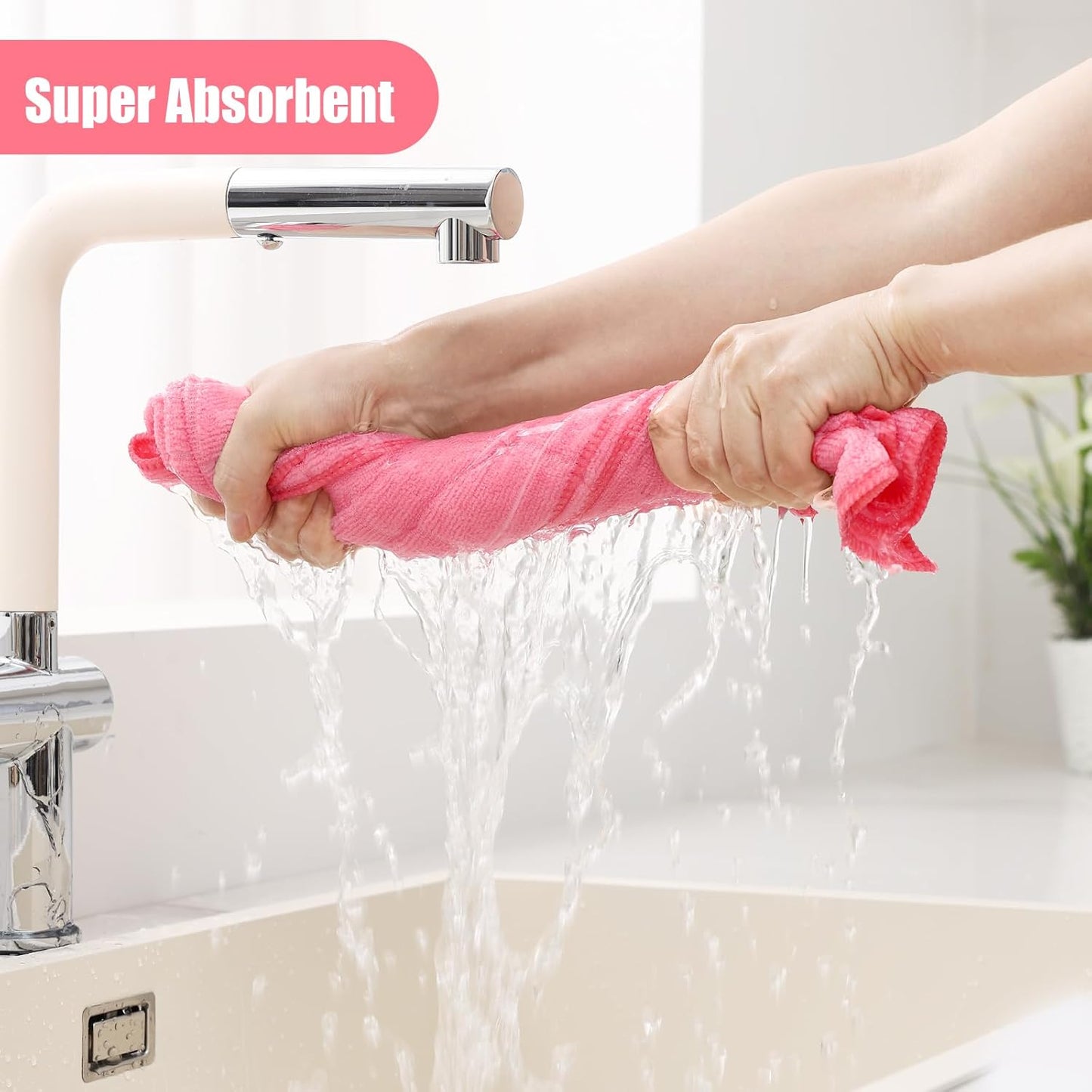 Homaxy Microfiber Kitchen Towels and Dishcloths Set, 16 Pack Soft and Absorbent Dish Hand Towels Bulk, 28 x 16 Inch & 12 x 12 Inch Quick Drying Rags for Washing Dishes, Pink