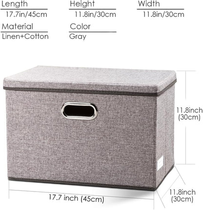 PRANDOM Large Foldable Storage Bin with Lid [1-Pack] Linen Fabric Decorative Storage Box Organizer Containers Basket Cube with Handles Divider for Bedroom Closet Office Living Room (17.7x11.8x11.8)