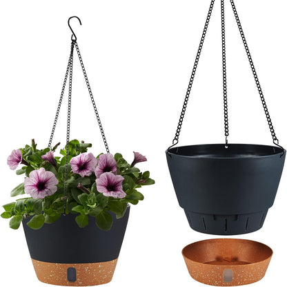 2 Pack Hanging Planters for Indoor Outdoor Plants, 10 Inch Hanging Flower Pot Basket with Drainage Hole with Removable Tray&Hooks Self Watering Plant Pot for Hanging Plants, Dark Grey