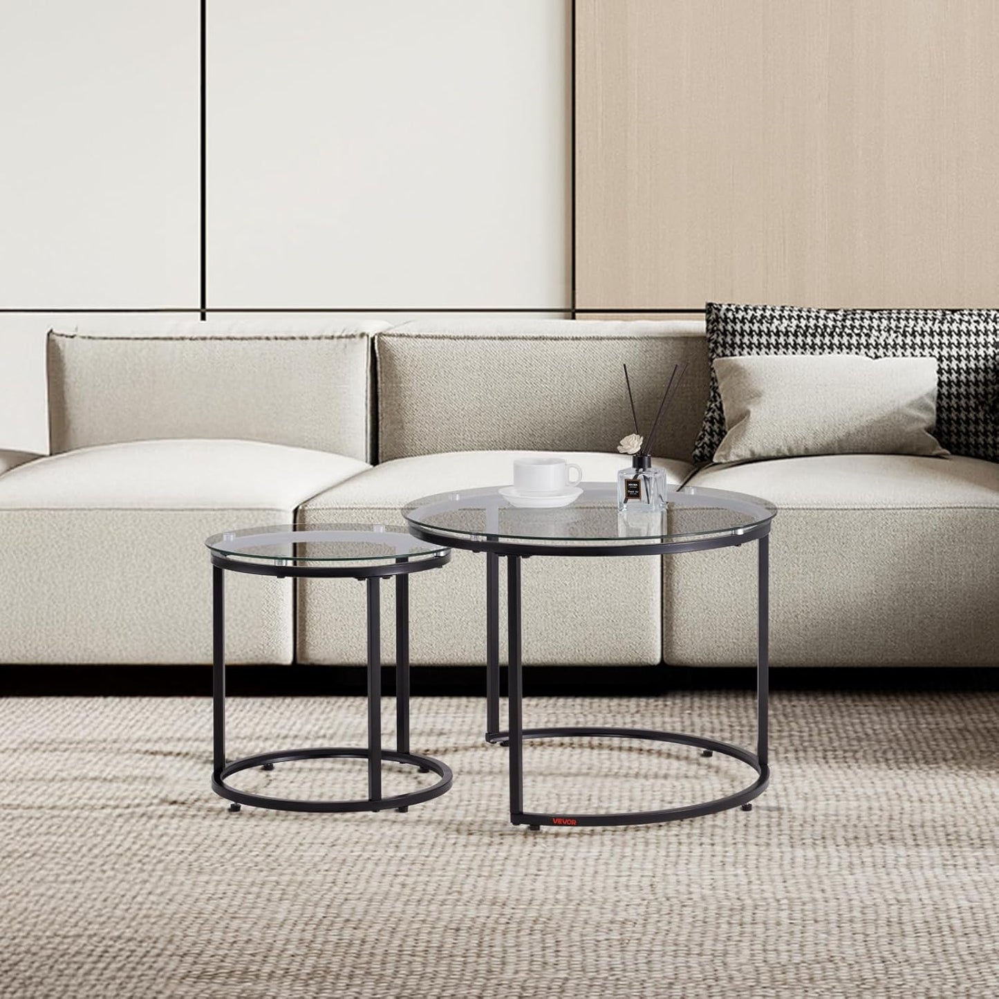 VEVOR Nesting Tables, Glass Coffee Table Set of 2, 23.6 inch Round Coffee Table, Small Coffee Tables Night Stand with Metal Frame, for Living Room, Bedroom, Office