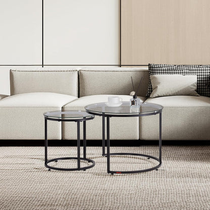 VEVOR Nesting Tables, Glass Coffee Table Set of 2, 23.6 inch Round Coffee Table, Small Coffee Tables Night Stand with Metal Frame, for Living Room, Bedroom, Office