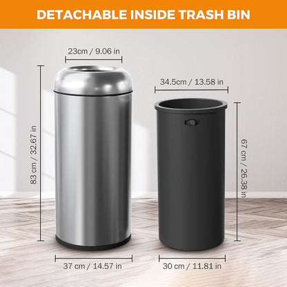 BEAMNOVA 16.5 Gallon Trash Can Black Open Top Outdoor Indoor Commercial Stainless Steel Industrial Waste Basket Container, Metallic Black Large Garbage Enclosure with Lid
