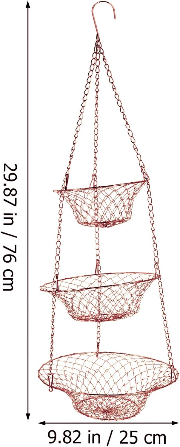 Yardwe 3 Tier Hanging Fruit Baskets Copper Wire Basket Fruit Vegetable Kitchen Storage Organizer Rustic Country Decor Round Metal Copper
