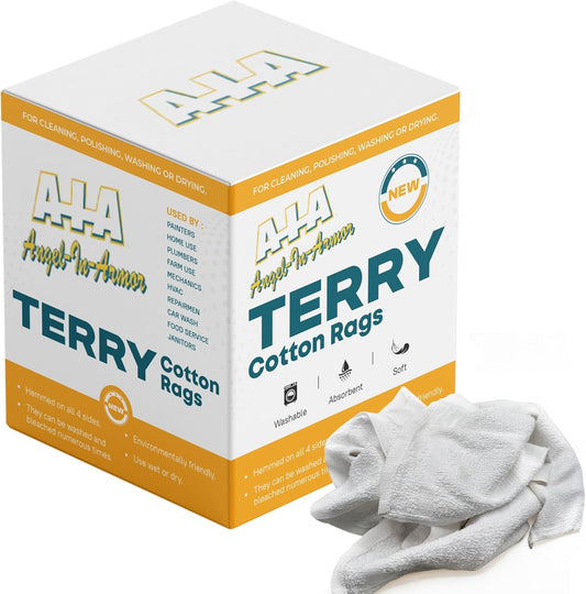 Angel-in-Armor White Terry Cloth Rags (16” x 19”) – 25lb Bulk Box of 100% Cotton Cleaning Rags – Reclaimed Towels for Plumbers, Shop Use, Janitorial, and Commercial Cleaning