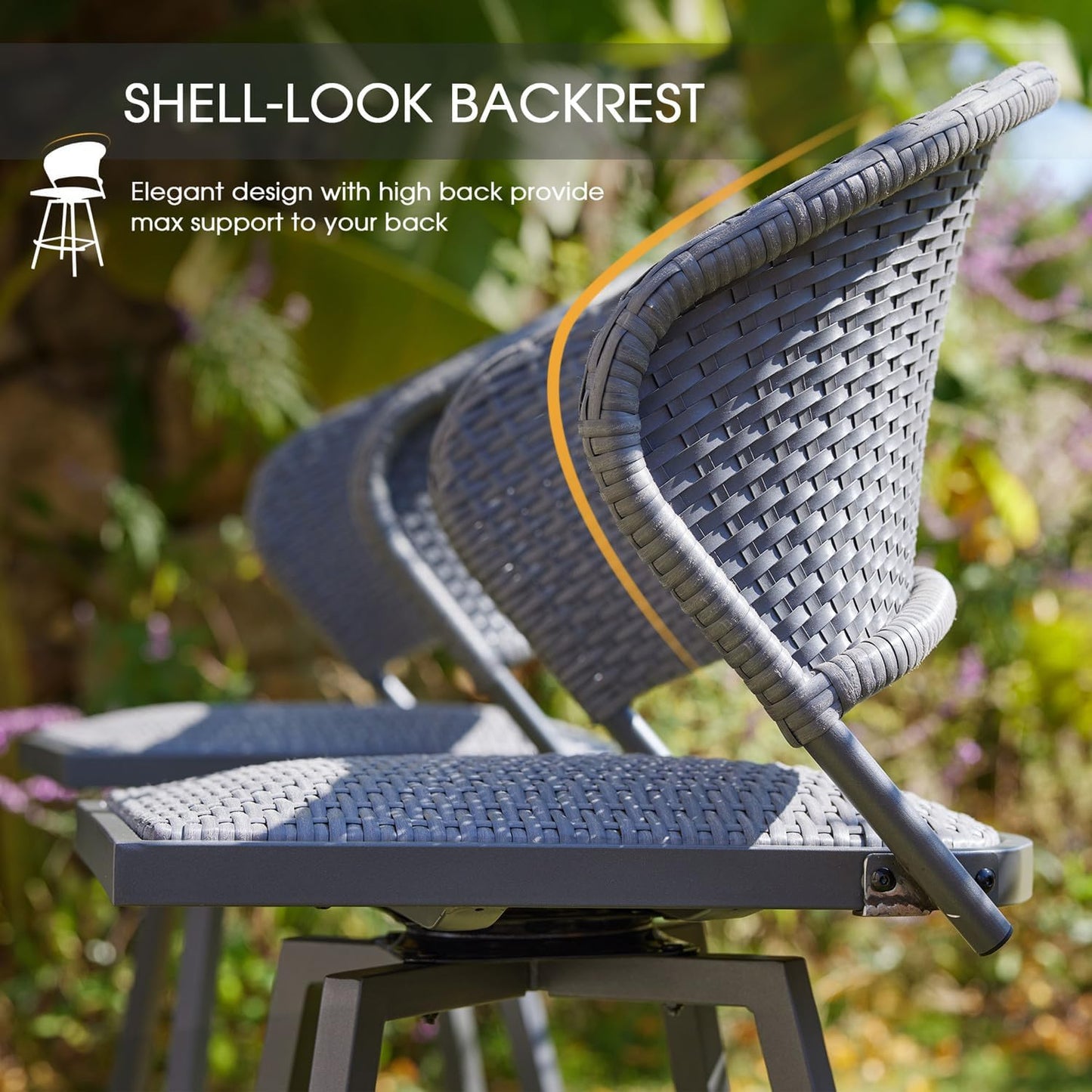 VICLLAX Patio Bar Stool Chairs with Footrests and Padded Seat, Bar Height Swivel Patio Chairs Set of 2, Grey Woven Wicker Swivel Bar Stools for Lawn Garden