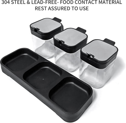 XIUDI Glass Spice Jars(3 piecesset)，Seasoning Containers with 304 Stainless Steel Lids and Spoons，Clear Glass Condiment Canisters Pots Seasoning Box Salt Container Sugar Bowl，for Kitchen,