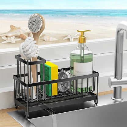 Sponge Holder for Kitchen Sink, Stainless Steel Sink Caddy with Auto Drain Tray, Kitchen Organizer with Towel Brush Holder for Countertop, Soap Dispenser Storage Accessories (Black Large)