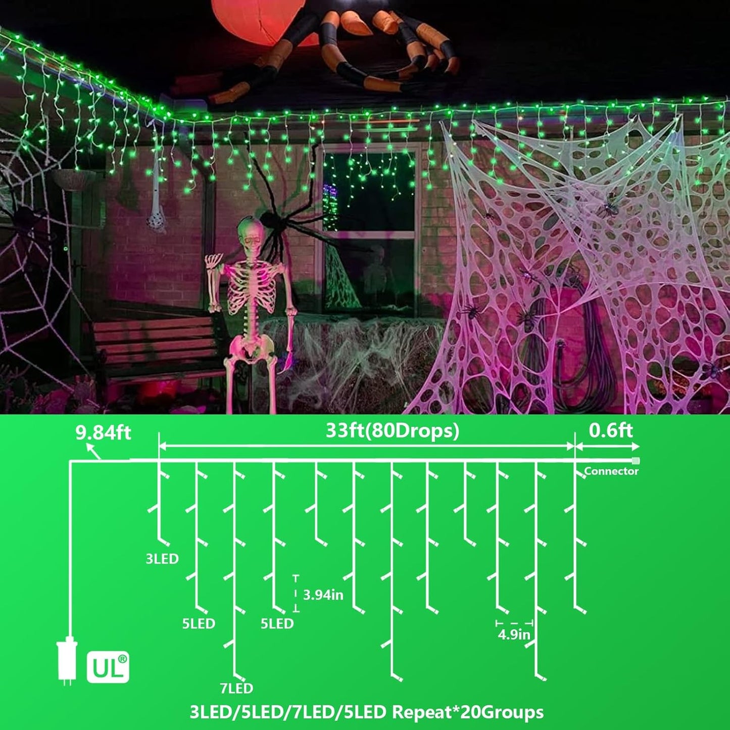 YEGUO 33ft 400 LED Green Icicle Halloween Lights Outdoor Waterproof, 80 Drops Icicle Light Connectable, 8 Modes Icicle String Lights with Memory
