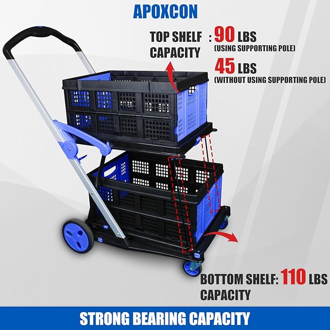 Collapsible Shopping Cart with 2 Storage Crates 2-Tier Portable Utility Cart with Swivel Wheels 200lb Capacity Heavy Duty Folding Shopping Trolley for Office Warehouse Catering (Blue)