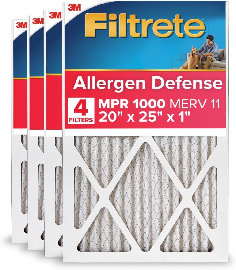 Filtrete 20x25x1 AC Furnace Air Filter, MERV 11, MPR 1000, Micro Allergen Defense, 3-Month Pleated 1-Inch Electrostatic Air Cleaning Filter, 4 Pack (Actual Size 19.69 x 24.69 x 0.81 in)
