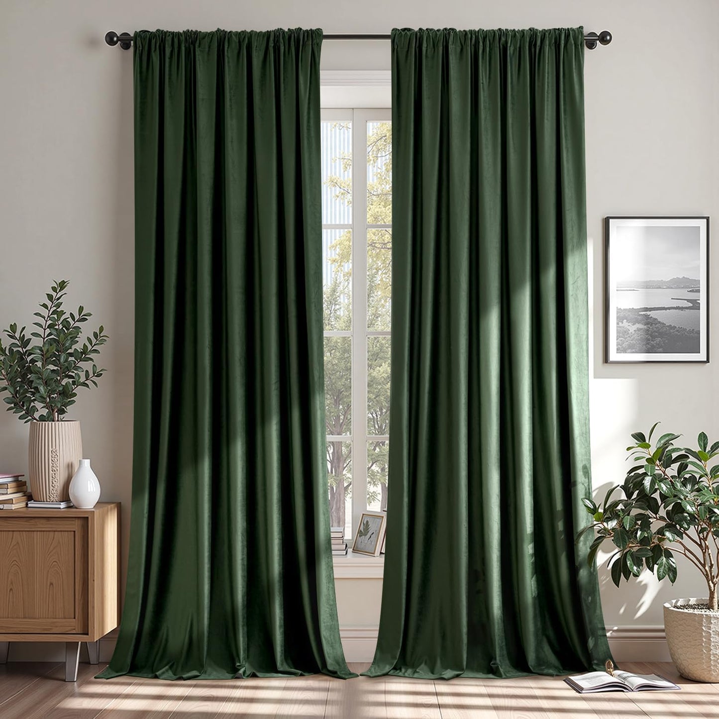 MIULEE Olive Green Velvet Curtains 84 Inches Long, Extra Wide Blackout Drapes for Bedroom Living Room Sliding Door, Thermal Insulated Window Panels, Rod Pocket, Set of 2 W72 x L84