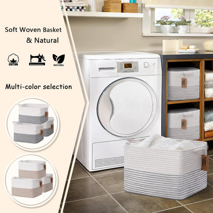 COMFY-HOMI Cotton Rope Woven Basket with Handles for Shelves,Toys,Book, Cloth Storage Baskets Bin for Organizing-13.5"x11"x9.5" Toy Decorative Organizer for Living Room, Bathroom-White/Black Line