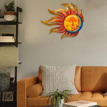 Tuokiuhn Large Sun Metal Outdoor Wall Art Decor Metal Sun Moon Wall Decor Outdoor Art Hanging Living Room Garden 28 Inch