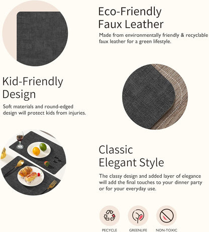 Maxpearl Faux Leather Placemats Set of 6 - Waterproof - Wipe Clean - Heat Resistant - Anti Slip Dining Table Place Mats, Suitable for Indoor & Outdoor Use, 17’’×12’’, Black