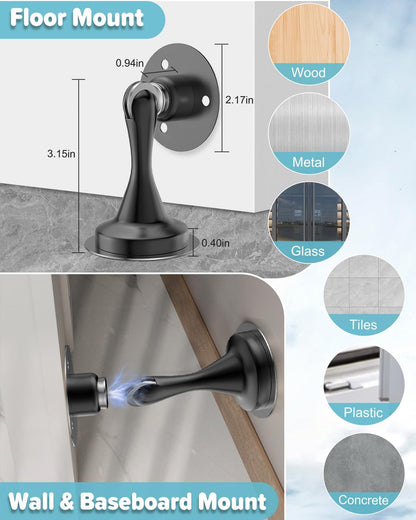 Door Stoppers Magnetic Door Catch - 2 Pack Stainless Steel Heavy Duty Door Stops for Bottom of Door, Wall & Floor Mounting No-Drill Strong Adhesive & Screws, Strong Door Holder to Keep Door Open